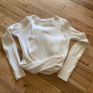 White crop tie front sweater